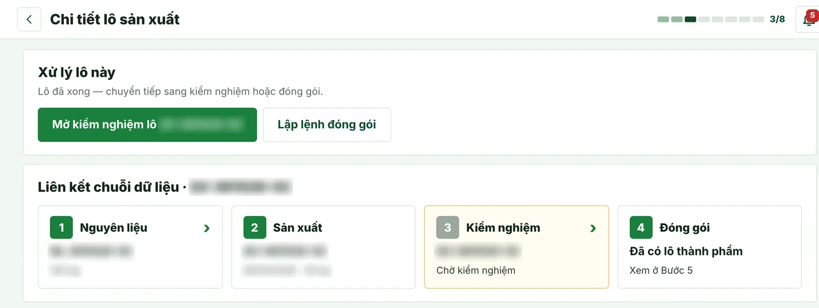 Liên kết chuỗi dữ liệu của một lô: nguyên liệu, sản xuất, kiểm nghiệm, đóng gói